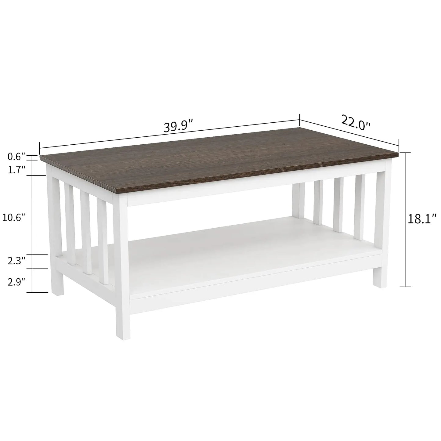 White Farmhouse Coffee Table with Shelf, 40 Inch Living Room Table ChooChoo