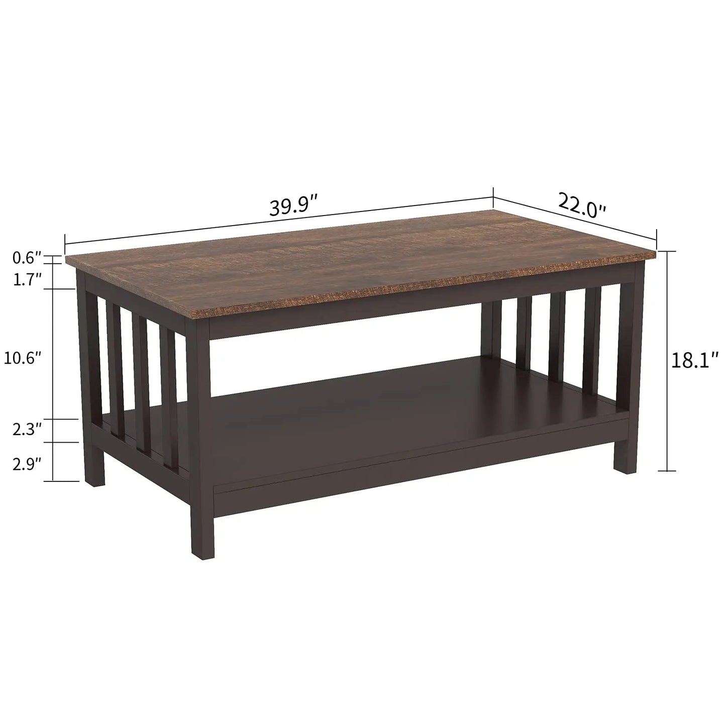 Espresso Farmhouse Coffee Table with Shelf, 40 Inch Living Room Table ChooChoo