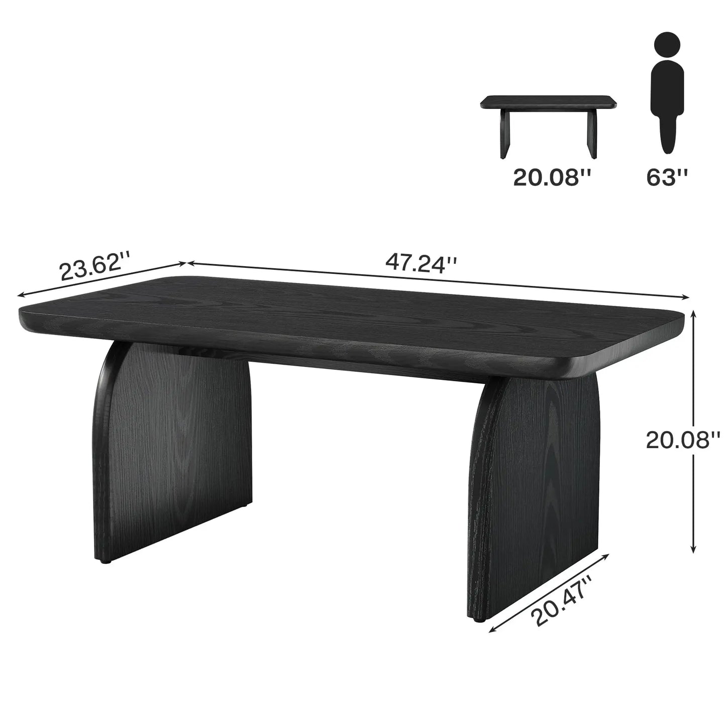 Rectangle Wood Coffee Table, 47-Inch Farmhouse Accent Center Table with Sturdy Base and Rounded Corners, Black Tribesigns