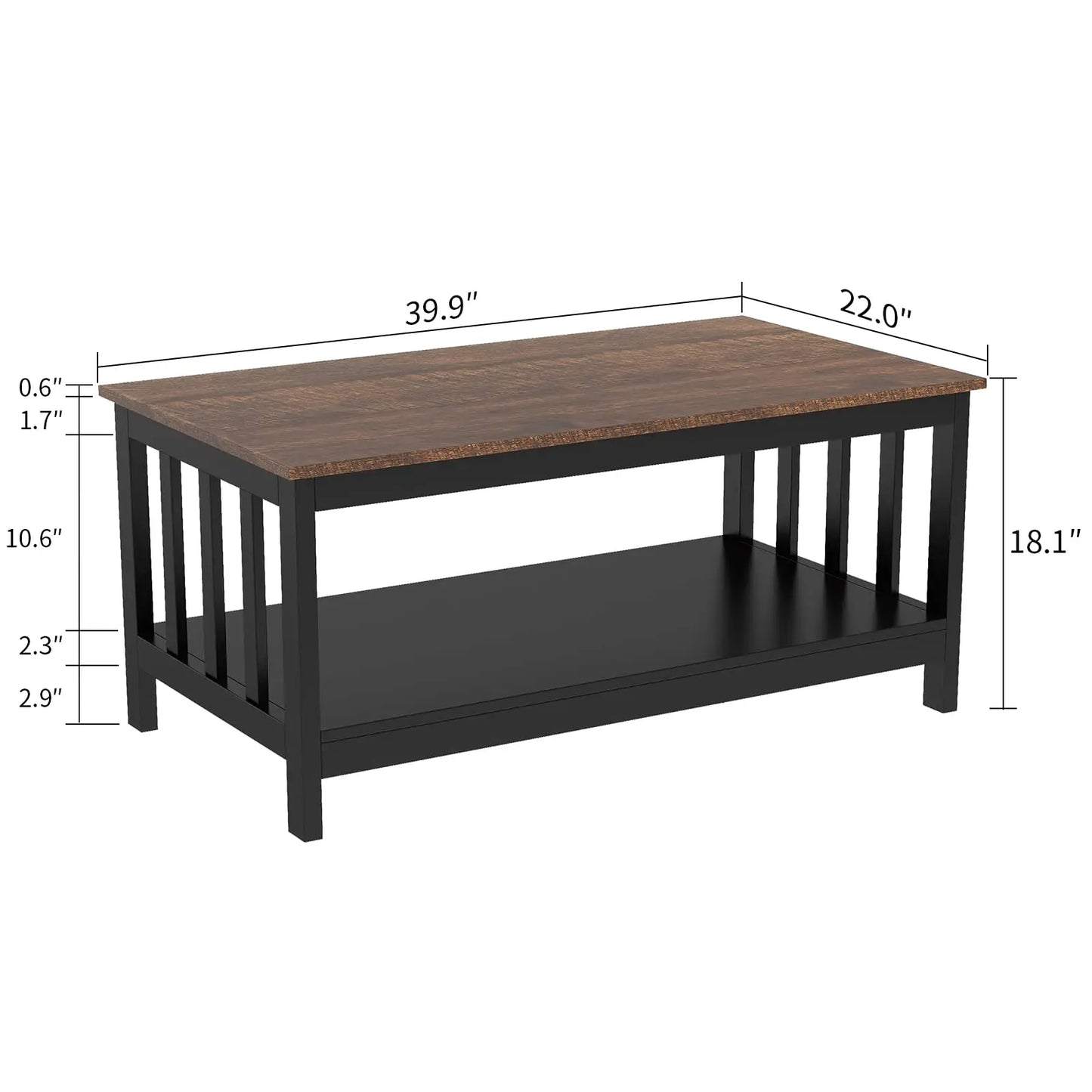 Black Farmhouse Coffee Table with Shelf, 40 Inch Living Room Table ChooChoo