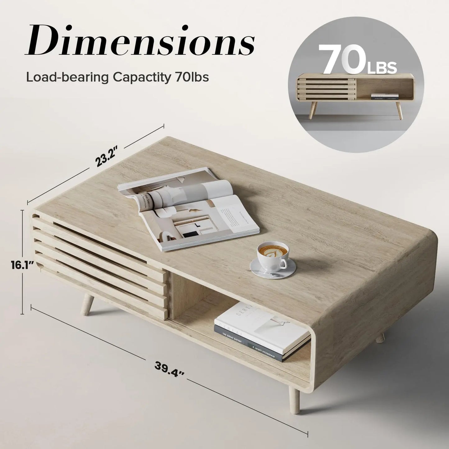 Farmhouse Wood Coffee Table with Storage for Living Room, Easy Assembly, Oak Easyego