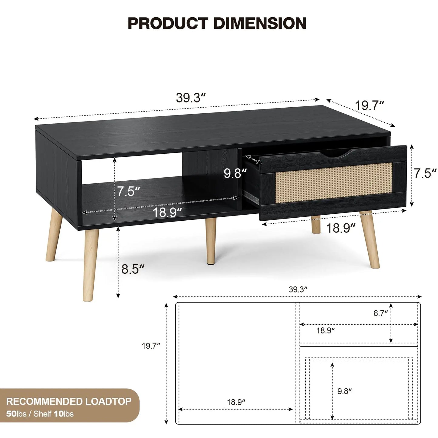 Boho Coffee Table with Sliding Rattan Door and Solid Wood Legs, Small Living Room Table with Storage, Black ZttRiee