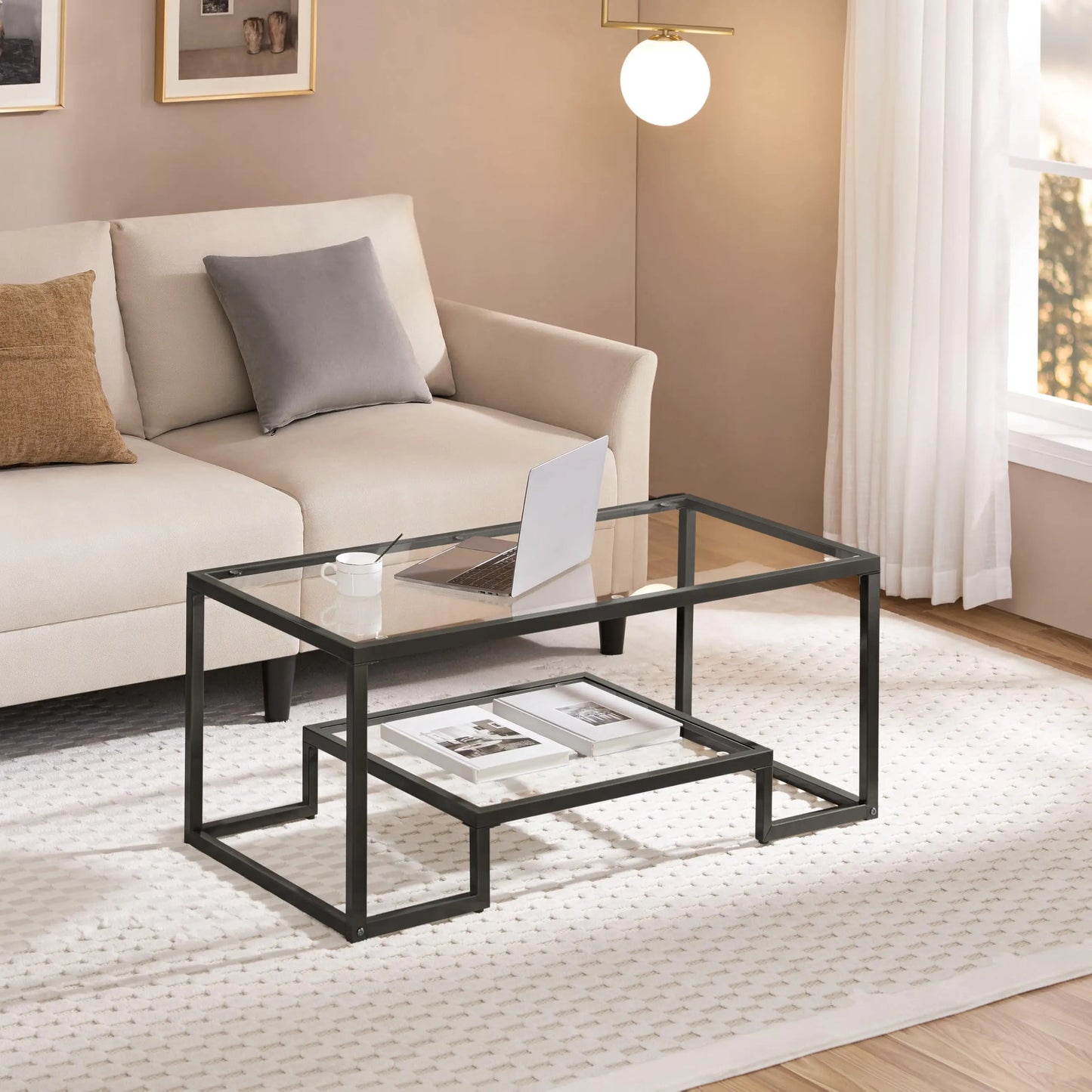 Yaheetech Coffee Table, Tempered Glass Coffee Table, Modern Simple Center Tables w/Geometric-Inspired Design & Metal-Frame & Easy Assembly & Open Storage Shelf for Living Room, Office, Black Yaheetech