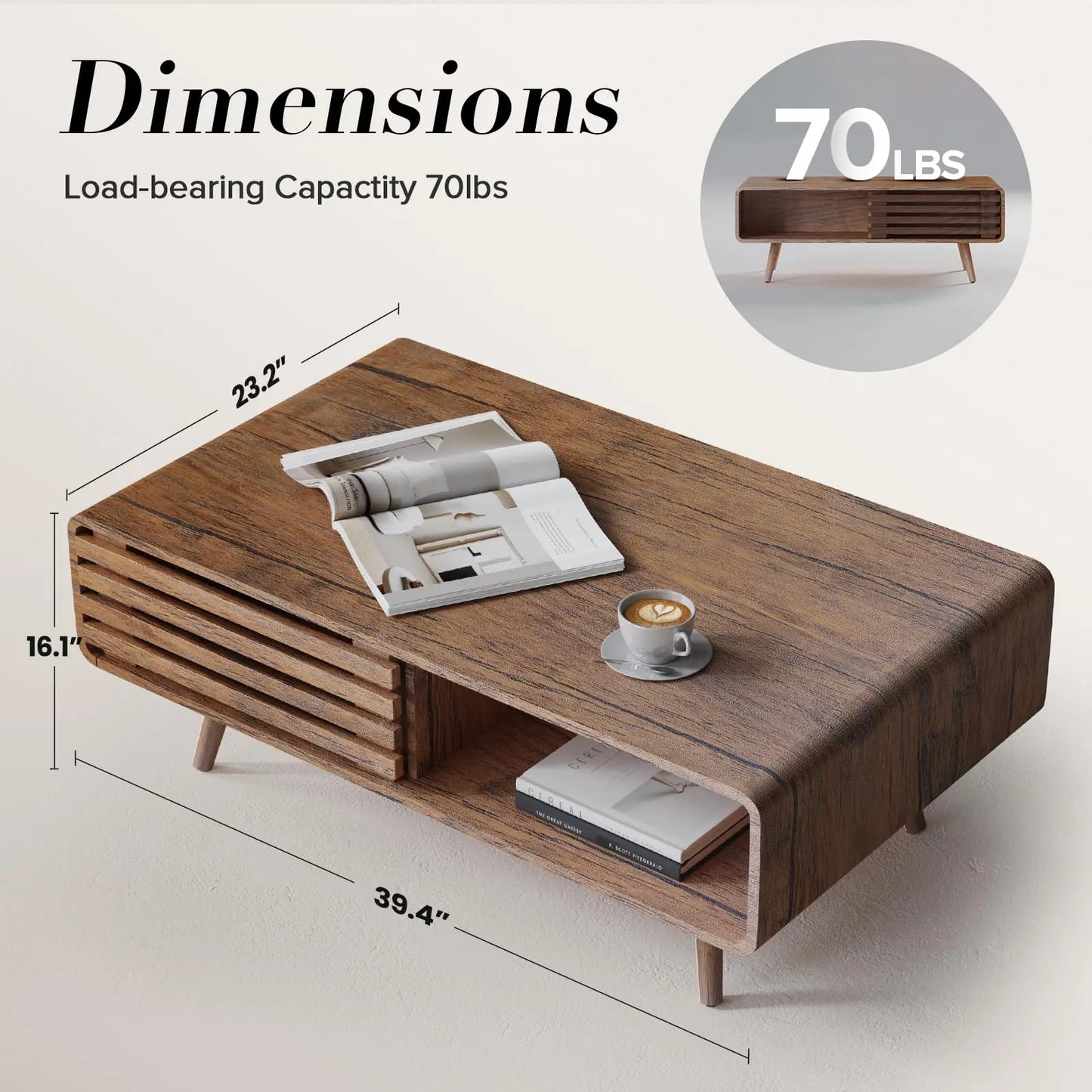 Farmhouse Wood Coffee Table with Storage for Living Room, Easy Assembly, Walnut Easyego