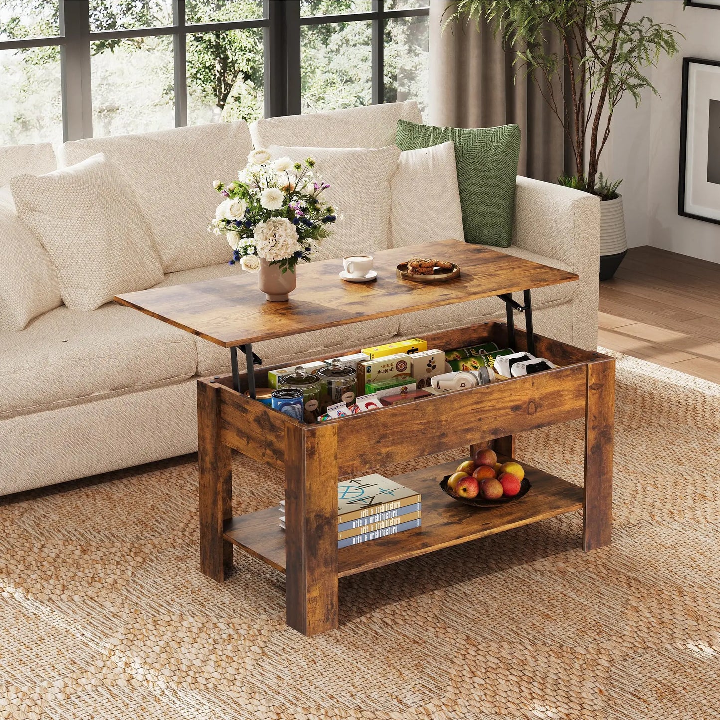 39" Lift Top Coffee Table with Hidden Compartment and Storage Shelf for Living Room or Office, Rustic Brown WLIVE