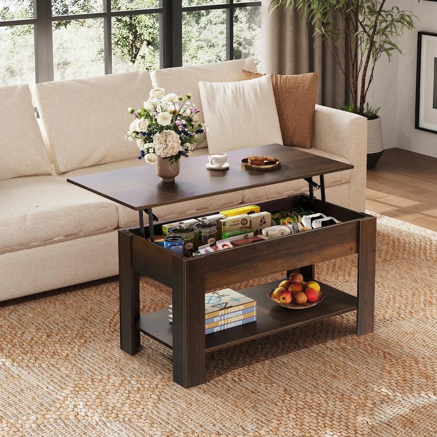 39" Lift Top Coffee Table with Hidden Compartment and Storage Shelf for Living Room or Office, Espresso WLIVE