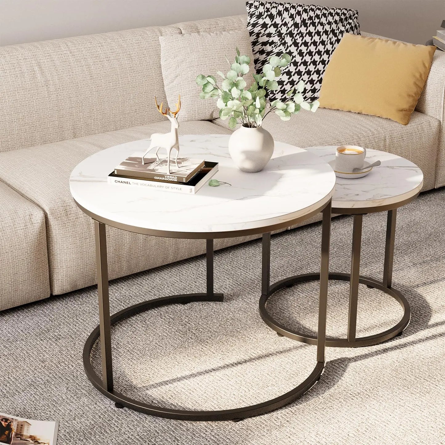 Round Nesting Coffee Table Set of 2, White Faux Marble Wooden Tables with Black Steel Frame for Living Room or Bedroom aboxoo