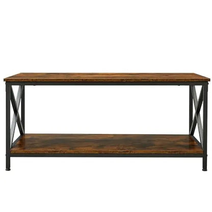 Industrial Farmhouse Coffee Table with X-Shape Steel Frame and Storage Shelf, 39.4"x21.7"x17.7", Rustic Brown/Black VASAGLE