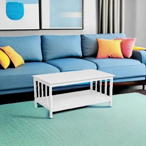 White Farmhouse Coffee Table with Shelf, 40 Inch Living Room Table ChooChoo