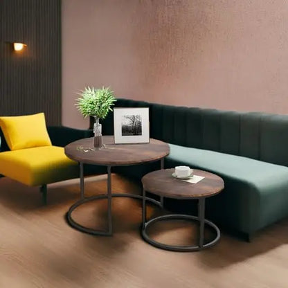 Industrial Round Coffee Table Set of 2, Stacking Side Tables with Wood-Look Top and Metal Frame for Living Room, Black/Rustic Brown HOJINLINERO