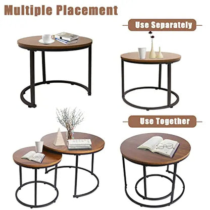 Nesting Coffee Table Set of 2, Round End Tables with Sturdy Metal Frame for Living Room or Bedroom, Modern Industrial Style aboxoo