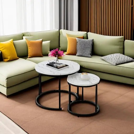 Round Nesting Coffee Table Set of 2, White Faux Marble Wooden Tables with Black Steel Frame for Living Room or Bedroom aboxoo