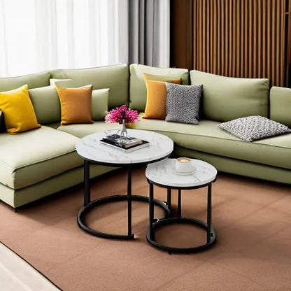 Round Nesting Coffee Table Set of 2, White Faux Marble Wooden Tables with Black Steel Frame for Living Room or Bedroom aboxoo