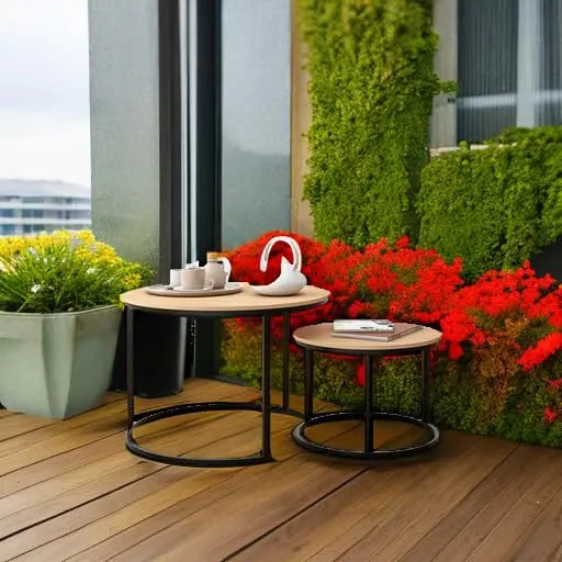 Industrial Round Coffee Table Set of 2, Stacking Side Tables with Wood-Look Top and Metal Frame for Living Room, Black/Teak HOJINLINERO