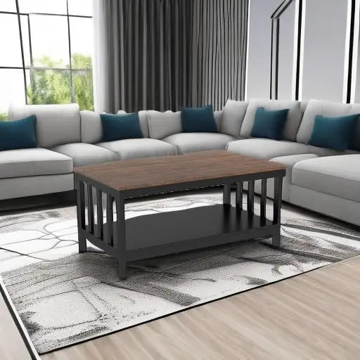 Black Farmhouse Coffee Table with Shelf, 40 Inch Living Room Table ChooChoo