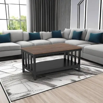 Black Farmhouse Coffee Table with Shelf, 40 Inch Living Room Table ChooChoo