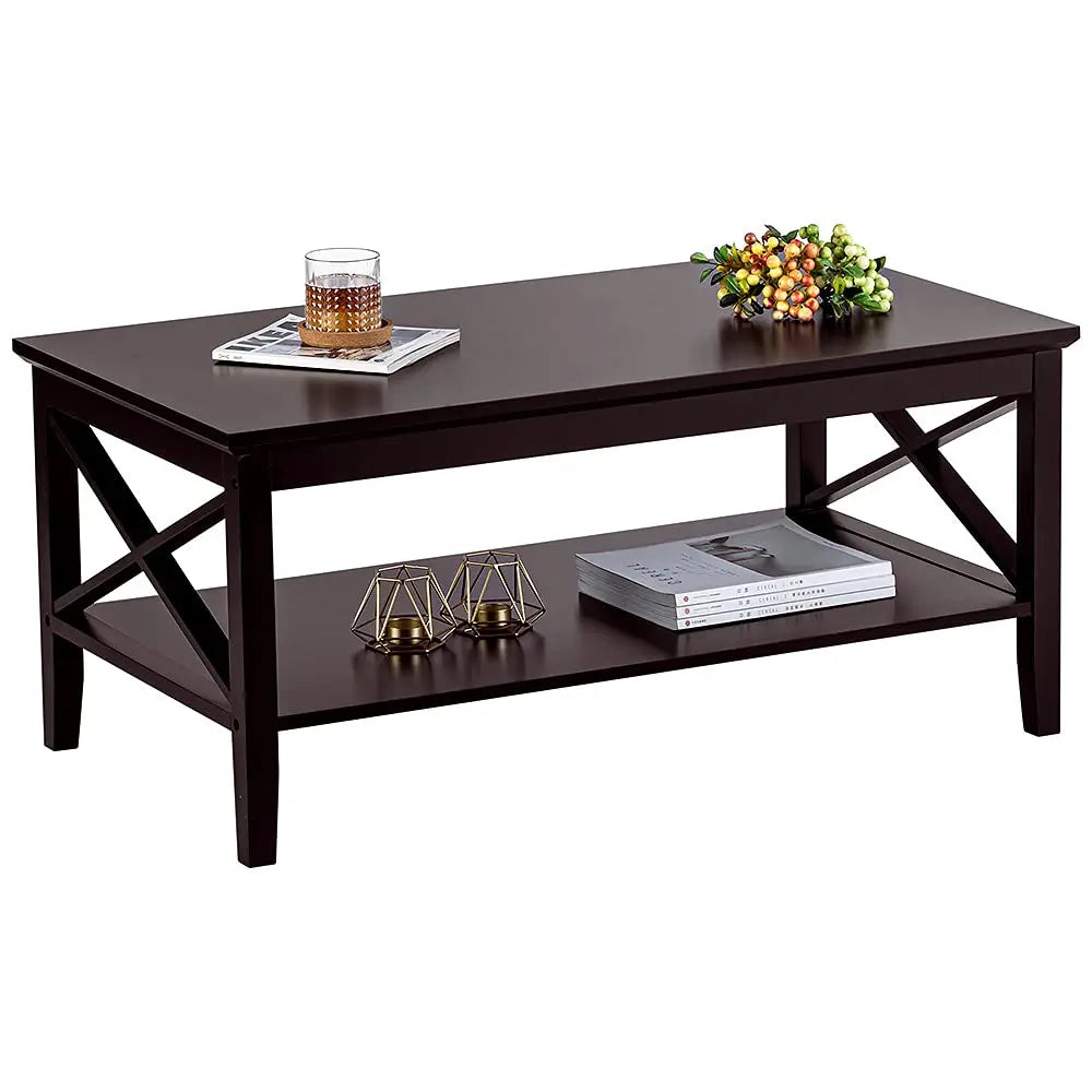 Espresso Wood Coffee Table with Thick Legs and Storage, 40 Inch Living Room Table ChooChoo