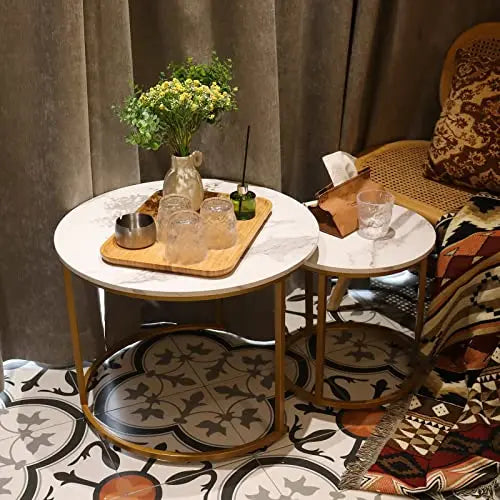 Nesting Coffee Table Set of 2, Round Marble Pattern Wooden Tables with Gold Frame for Living Room or Bedroom, White aboxoo