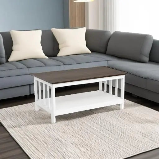White Farmhouse Coffee Table with Shelf, 40 Inch Living Room Table ChooChoo