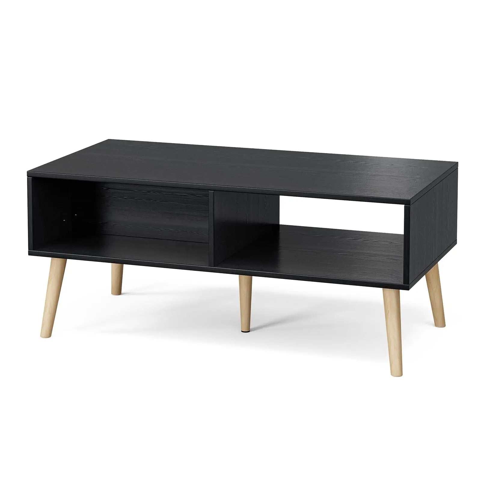 Boho Coffee Table with Sliding Rattan Door and Solid Wood Legs, Small Living Room Table with Storage, Black ZttRiee