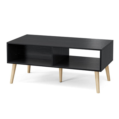 Boho Coffee Table with Sliding Rattan Door and Solid Wood Legs, Small Living Room Table with Storage, Black ZttRiee