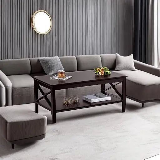 Espresso Wood Coffee Table with Thick Legs and Storage, 40 Inch Living Room Table ChooChoo