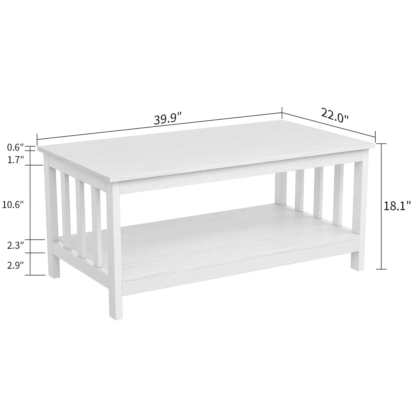 White Farmhouse Coffee Table with Shelf, 40 Inch Living Room Table ChooChoo
