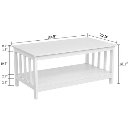 White Farmhouse Coffee Table with Shelf, 40 Inch Living Room Table ChooChoo