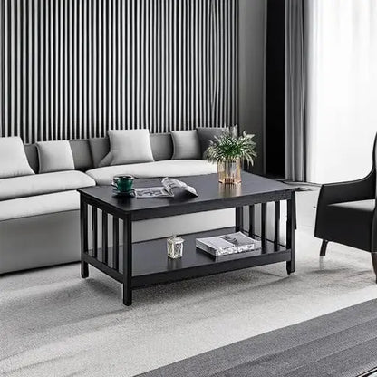 Black Wood Mission Coffee Table with Shelf, 40 Inch Living Room Table ChooChoo