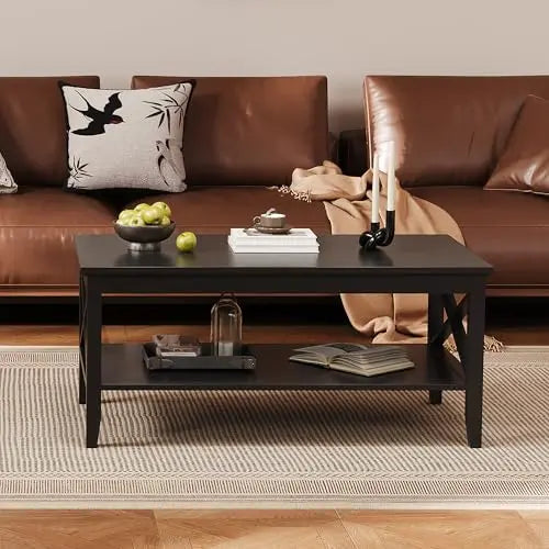 Black Wood Coffee Table with Thick Legs and Storage for Living Room ChooChoo
