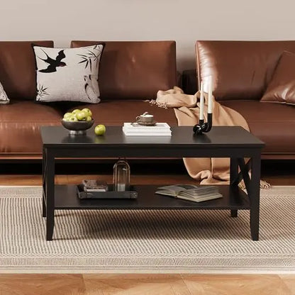 Black Wood Coffee Table with Thick Legs and Storage for Living Room ChooChoo