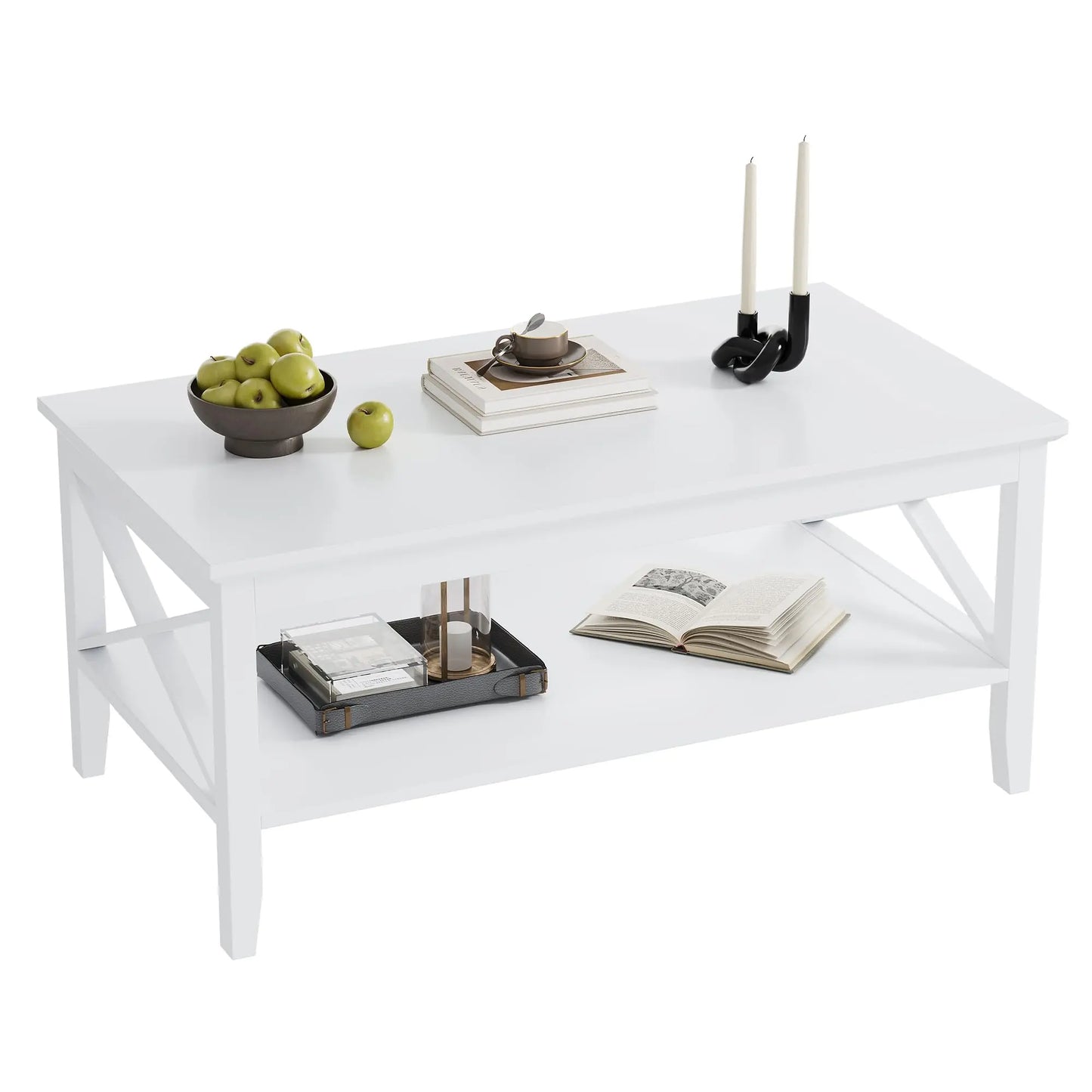 White Rectangular Coffee Table with X Design and Storage Shelf, 39 Inch Modern Living Room Table ChooChoo