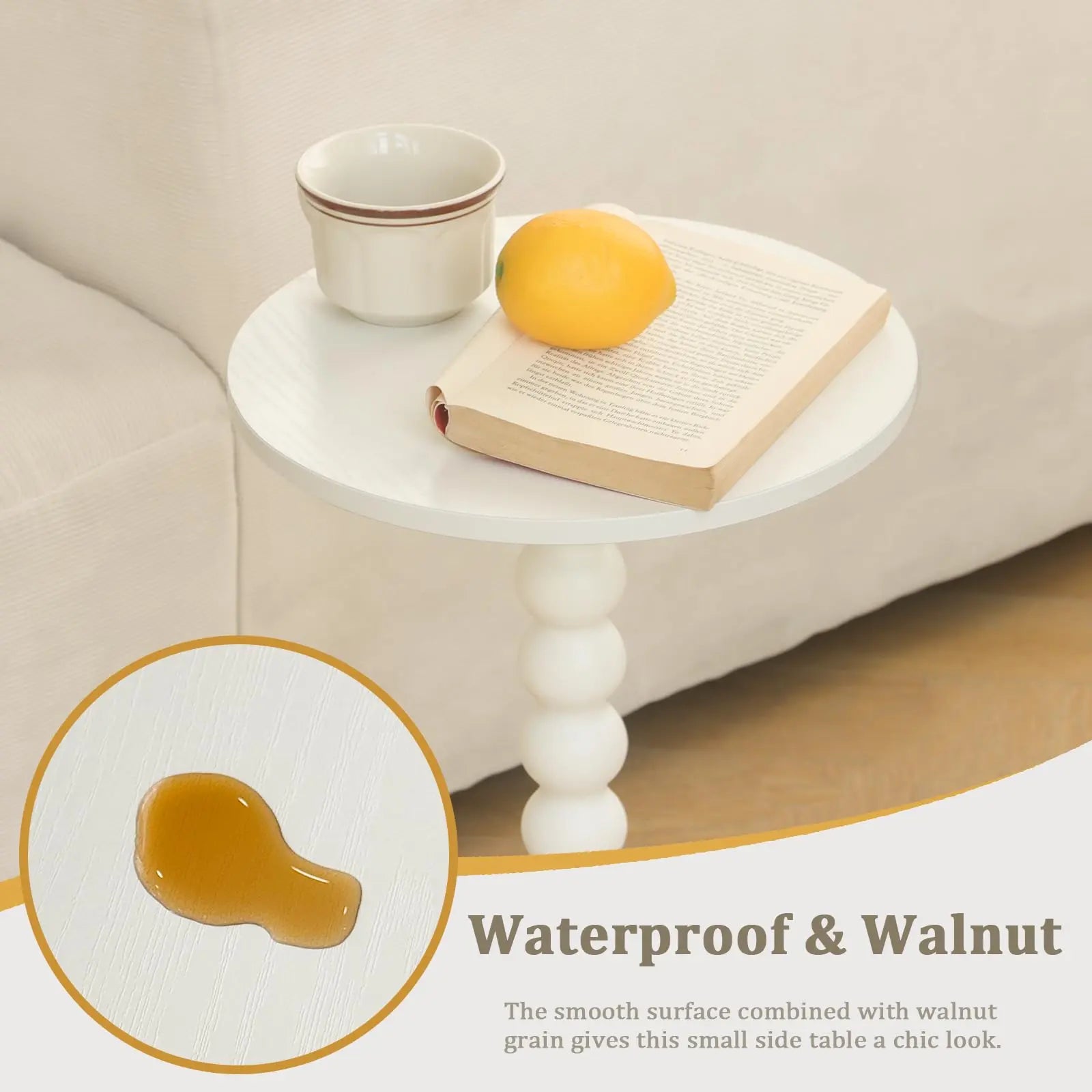 Round Side Table, Small Modern Drink Table with Solid Wood Legs for Living Room, Bedroom, Office, White Fultyle