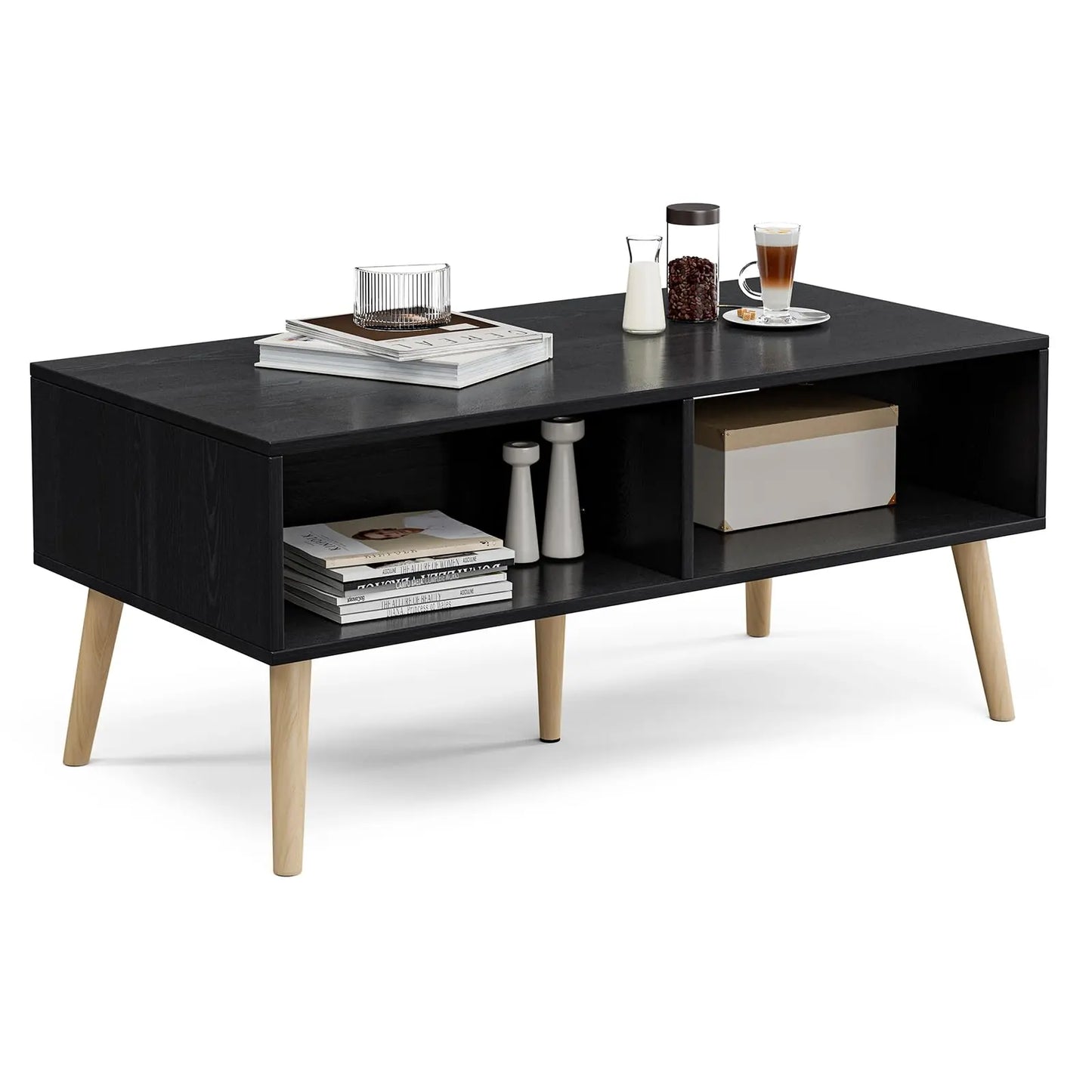 Boho Coffee Table with Sliding Rattan Door and Solid Wood Legs, Small Living Room Table with Storage, Black ZttRiee