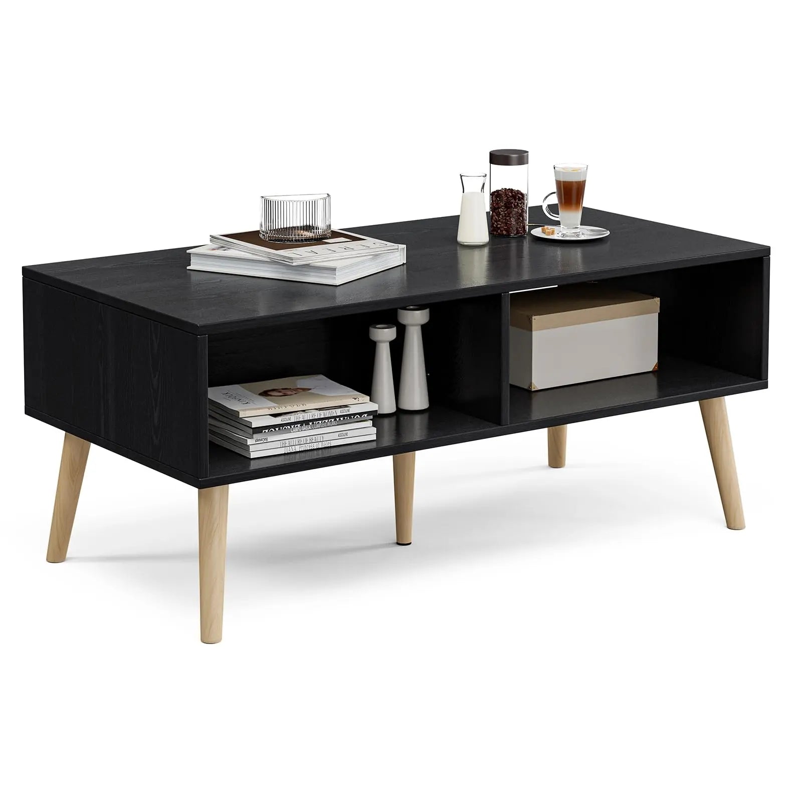 Boho Coffee Table with Sliding Rattan Door and Solid Wood Legs, Small Living Room Table with Storage, Black ZttRiee