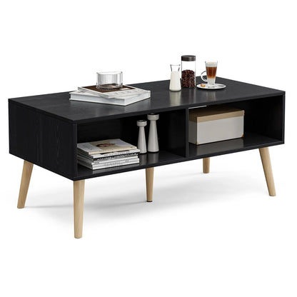 Boho Coffee Table with Sliding Rattan Door and Solid Wood Legs, Small Living Room Table with Storage, Black ZttRiee