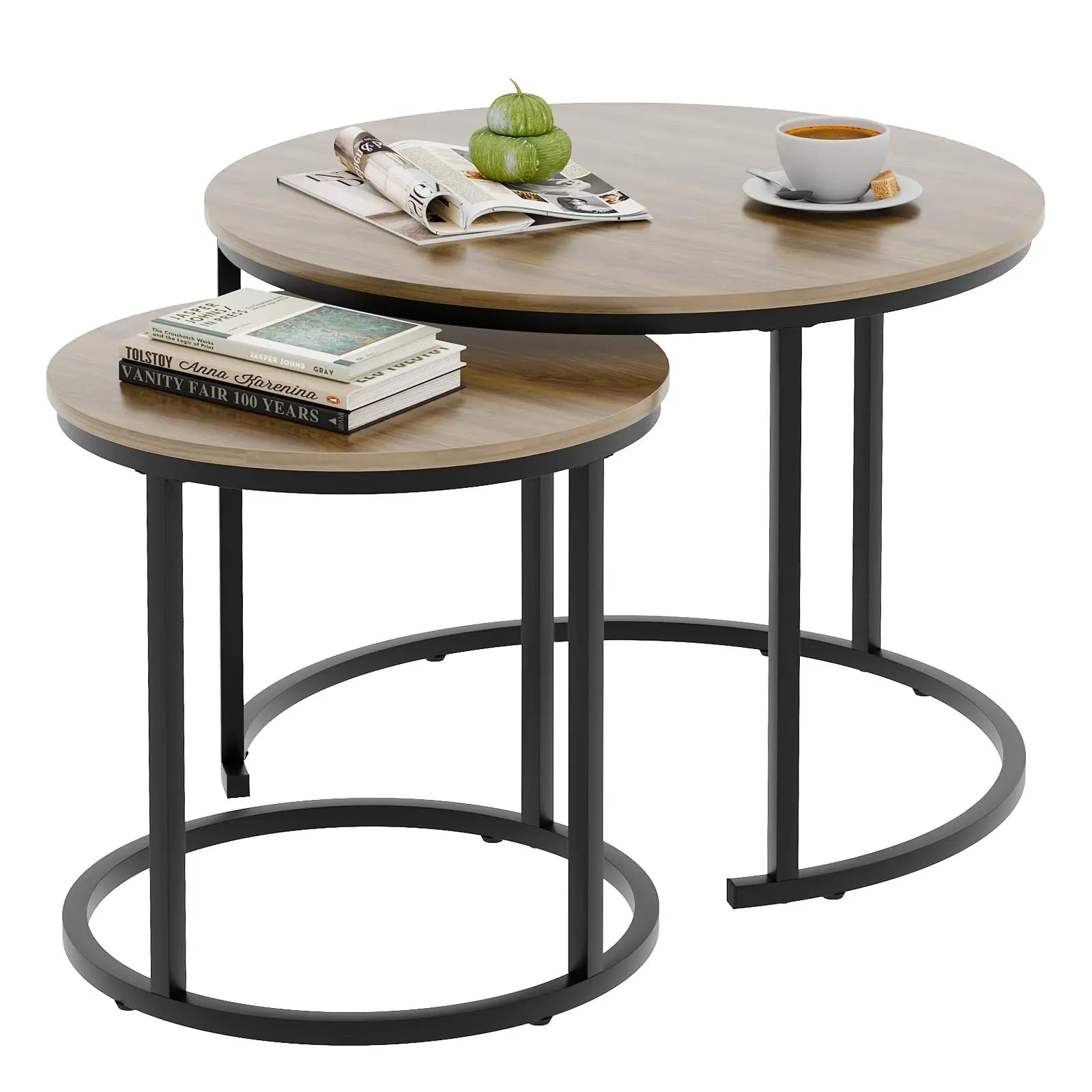 Nesting Coffee Table Set of 2, Round End Tables with Sturdy Metal Frame for Living Room or Bedroom, Oak aboxoo
