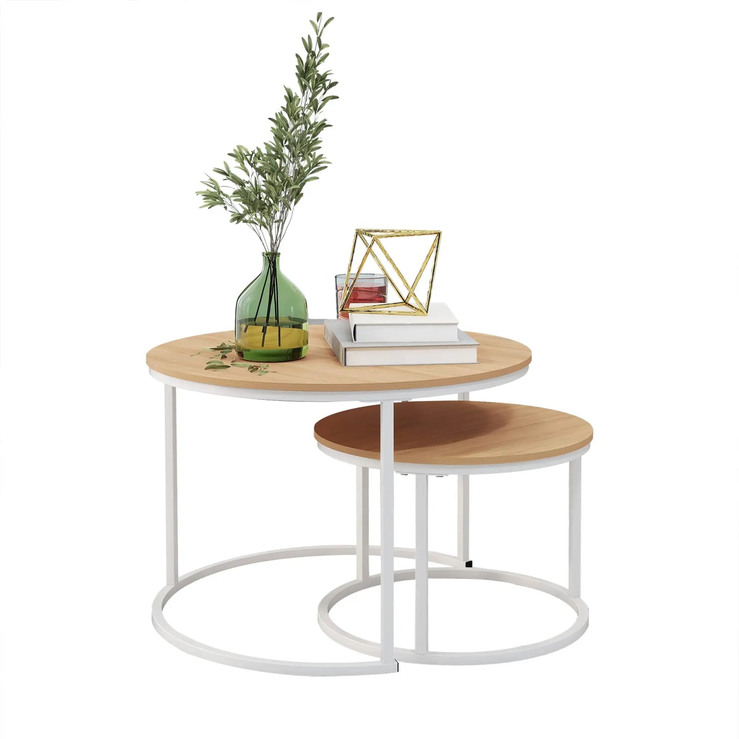 Round Coffee Table Set of 2, Stacking Side Tables with Wood-Look Top and Metal Frame for Living Room, Industrial/Modern, White/Teak HOJINLINERO