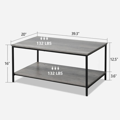 2-Tier Coffee Table with Storage Shelf, Grey Oak Wood and Metal Frame Rectangle Table for Living Room, 39.3"x20"x16" SENIG