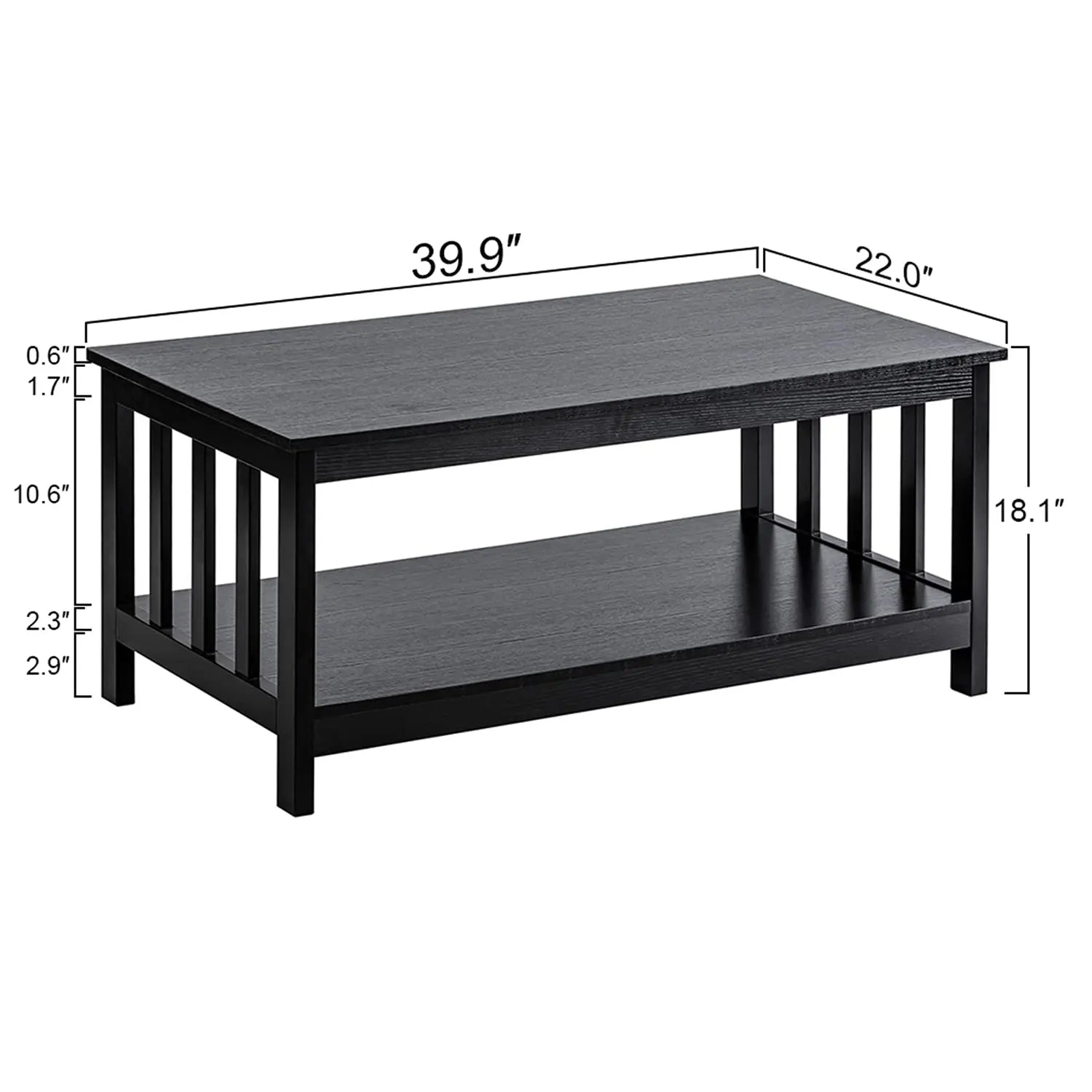 Black Wood Mission Coffee Table with Shelf, 40 Inch Living Room Table ChooChoo