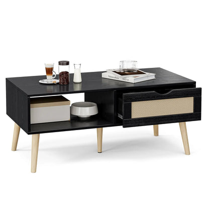 Boho Coffee Table with Sliding Rattan Door and Solid Wood Legs, Small Living Room Table with Storage, Black ZttRiee