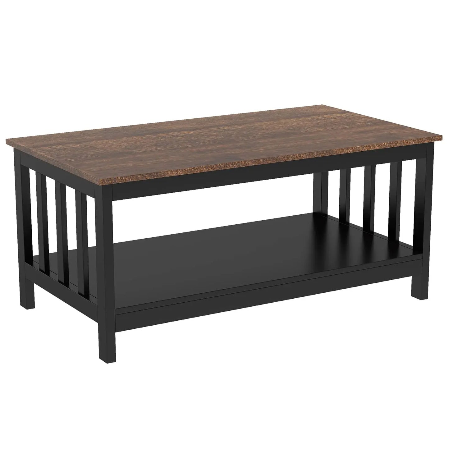 Black Farmhouse Coffee Table with Shelf, 40 Inch Living Room Table ChooChoo