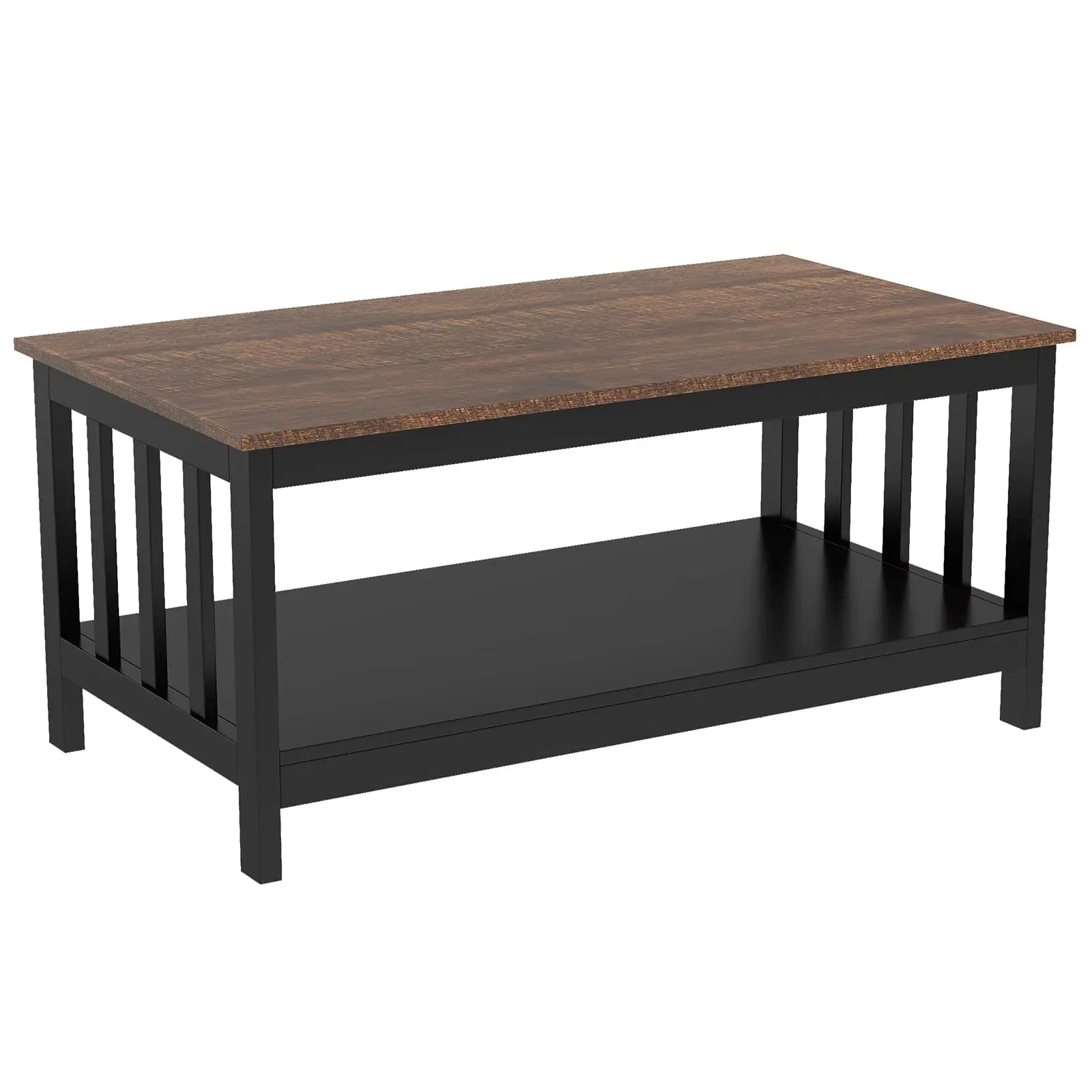 Black Farmhouse Coffee Table with Shelf, 40 Inch Living Room Table ChooChoo