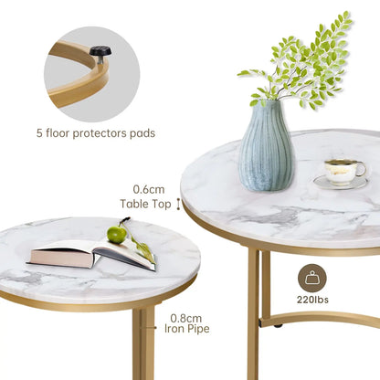 Nesting Coffee Table Set of 2, Round Marble Pattern Wooden Tables with Gold Frame for Living Room or Bedroom, White aboxoo