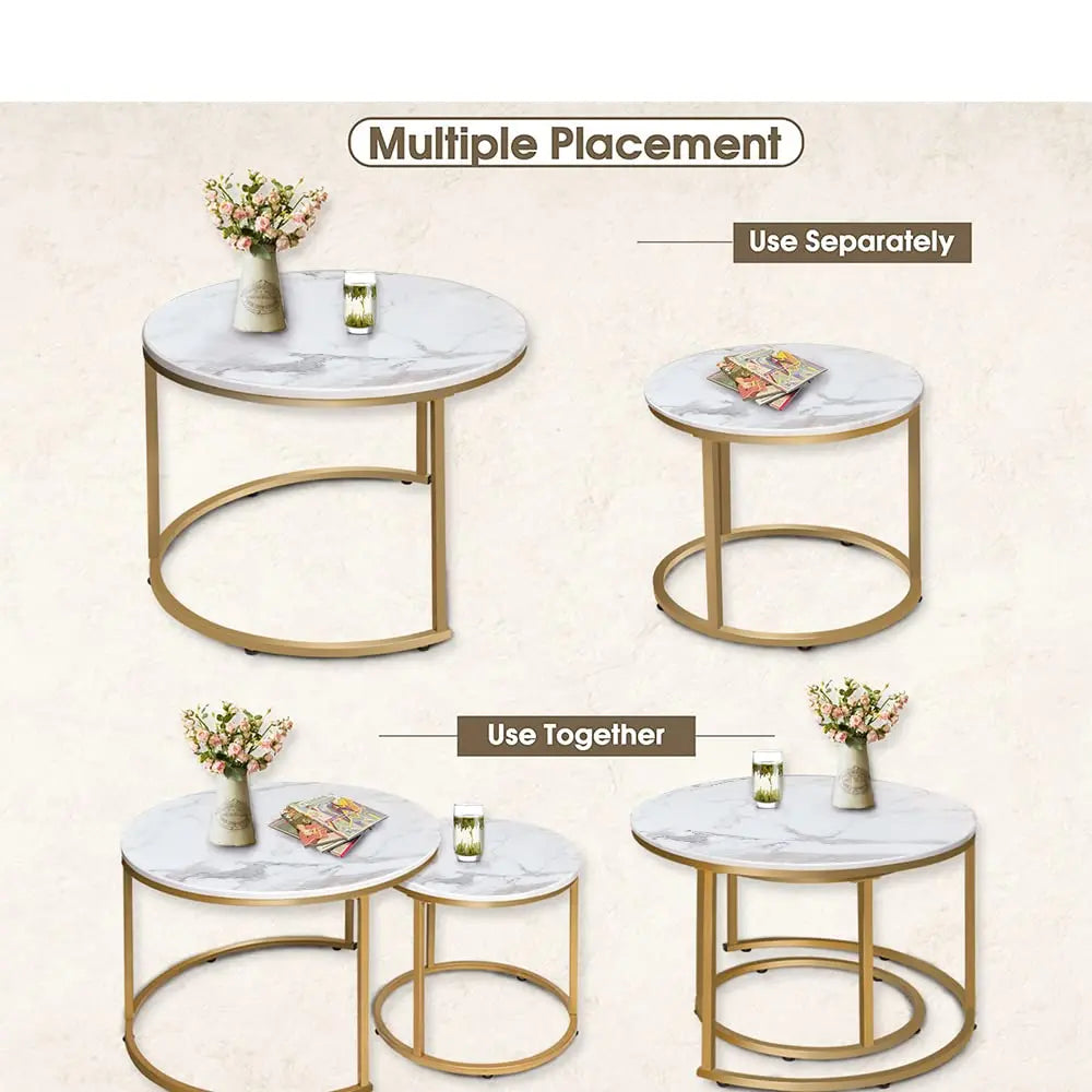 Nesting Coffee Table Set of 2, Round Marble Pattern Wooden Tables with Gold Frame for Living Room or Bedroom, White aboxoo