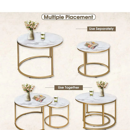 Nesting Coffee Table Set of 2, Round Marble Pattern Wooden Tables with Gold Frame for Living Room or Bedroom, White aboxoo