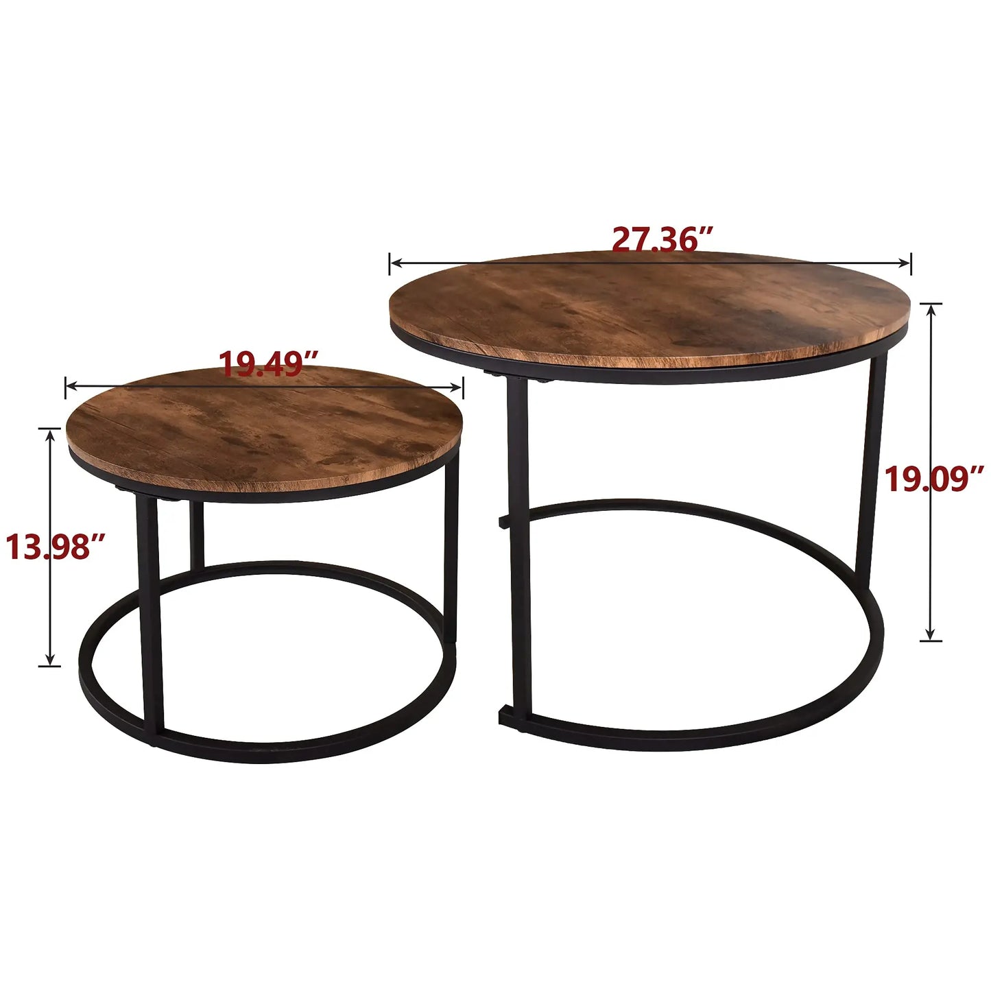 Industrial Round Coffee Table Set of 2, Stacking Side Tables with Wood-Look Top and Metal Frame for Living Room, Black/Rustic Brown HOJINLINERO
