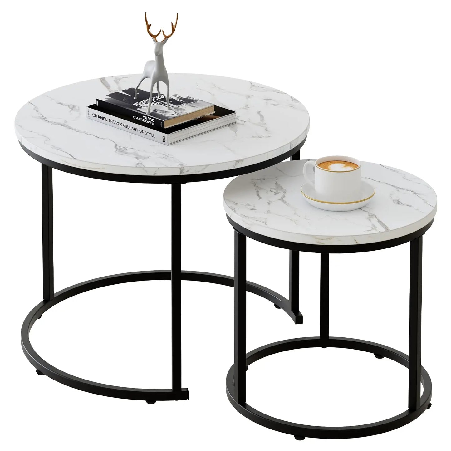 Round Nesting Coffee Table Set of 2, White Faux Marble Wooden Tables with Black Steel Frame for Living Room or Bedroom aboxoo