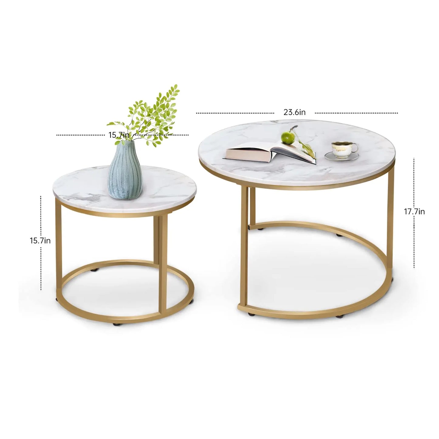 Nesting Coffee Table Set of 2, Round Marble Pattern Wooden Tables with Gold Frame for Living Room or Bedroom, White aboxoo
