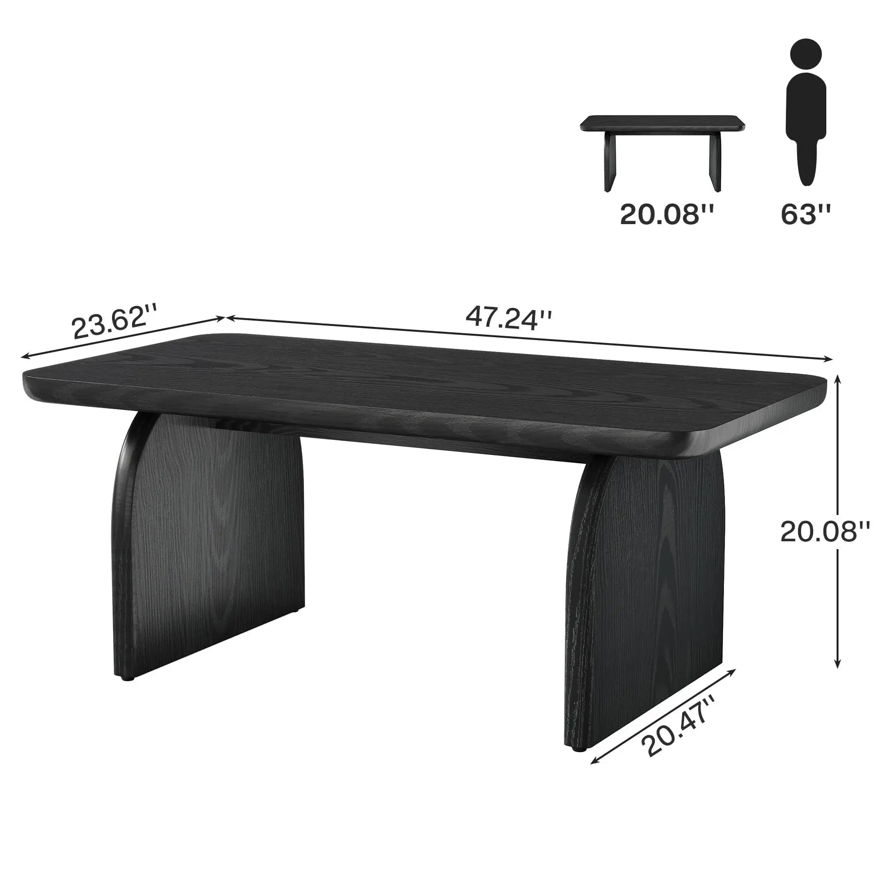 Rectangle Wood Coffee Table, 47-Inch Farmhouse Accent Center Table with Sturdy Base and Rounded Corners, Black Tribesigns